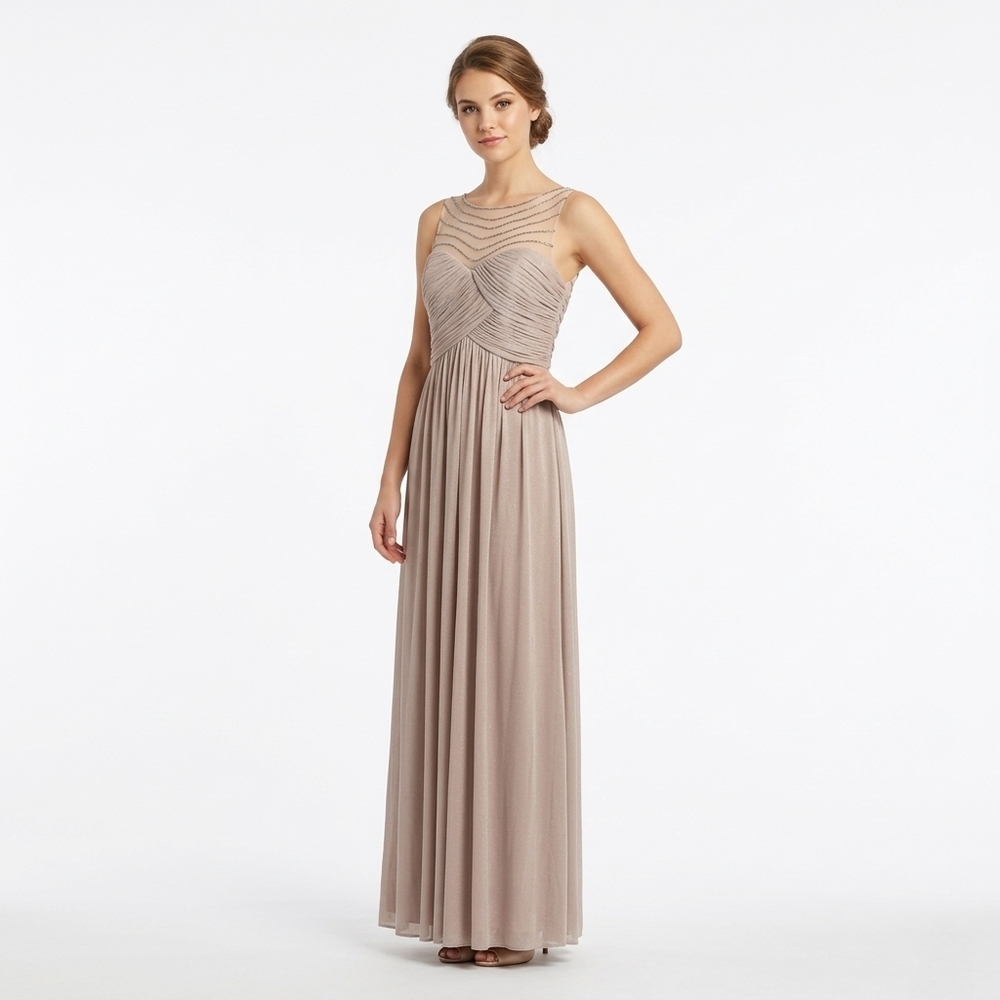 NWT Taupe Embellished Illusion Neck Gown Sz 6